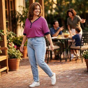 LRL Ralph Lauren Women 2X Henley Tee Pink Black Striped Cotton Timeless Rare